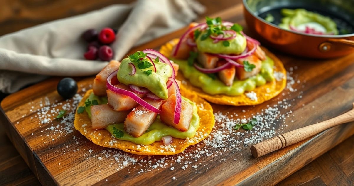 Smoked Fish Tostadas with Avocado Crema and Pickled Red Onion