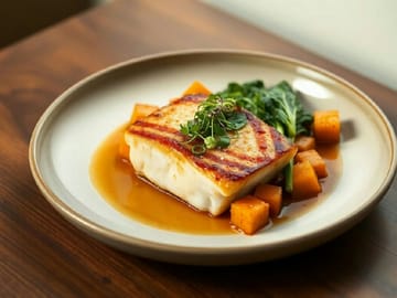 Pan-Seared Cod with Miso-Glazed Sweet Potatoes and Stir-Fried Bok Choy