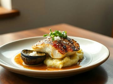 Grilled Sea Bass with Feta-Stuffed Portobellos and Garlic Mashed Potatoes