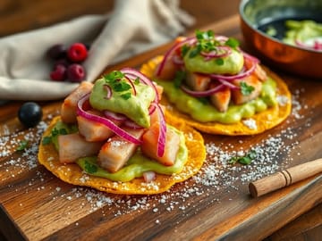 Smoked Fish Tostadas with Avocado Crema and Pickled Red Onion
