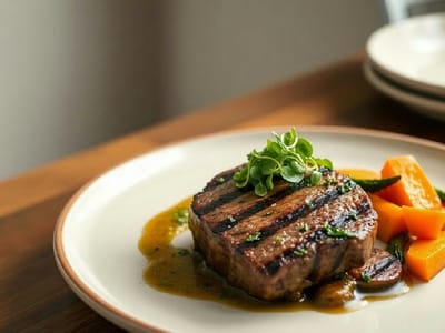 Grilled Ribeye with Chimichurri, Roasted Sweet Potatoes, and Sautéed Broccolini