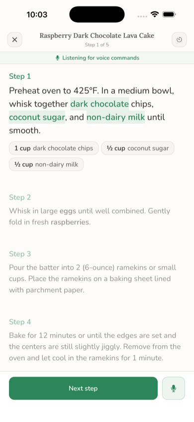 Cook mode screen showing a numbered step with ingredient quantities inline and voice commands listening