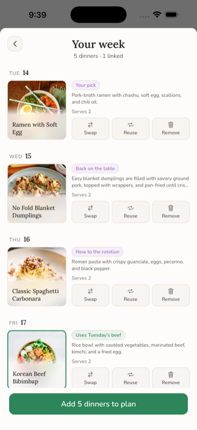 AI-suggested dinners for the week, ready to add with one tap