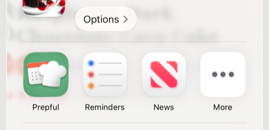 Prepful appearing as the first option in the iPhone share sheet after sharing an Instagram Reel