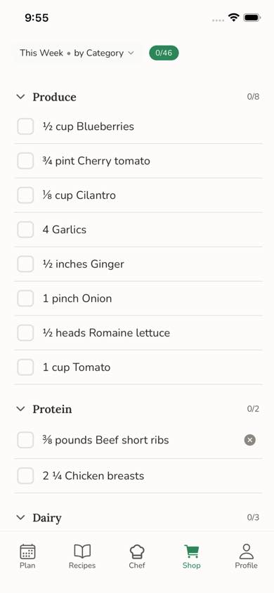 Shopping list grouped by aisle with combined quantities