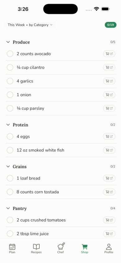 Shopping list grouped by aisle with combined quantities